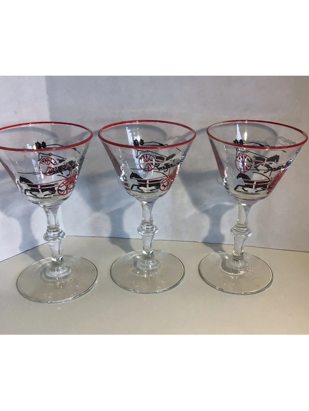 Vintage Horse-Drawn Carriage Cocktail Glasses Currier & Ives (Set of 3)